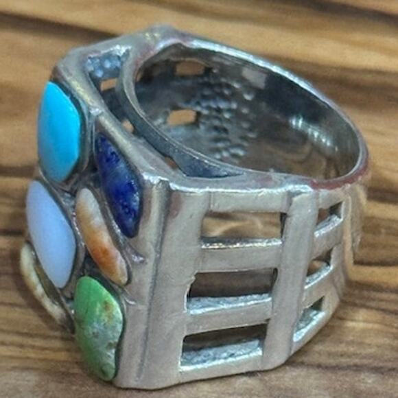 Sterling Silver 925 Southwest Multi Gemstone Cobblestone Ring 7 - Picture 8 of 8